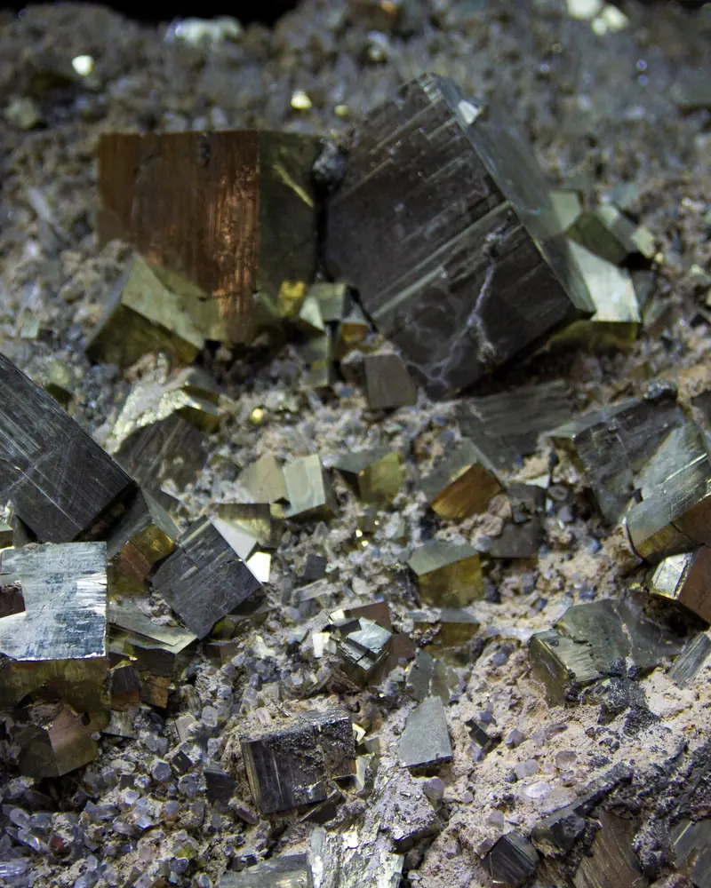 Pyrite cluster with metallic gold cubic crystals